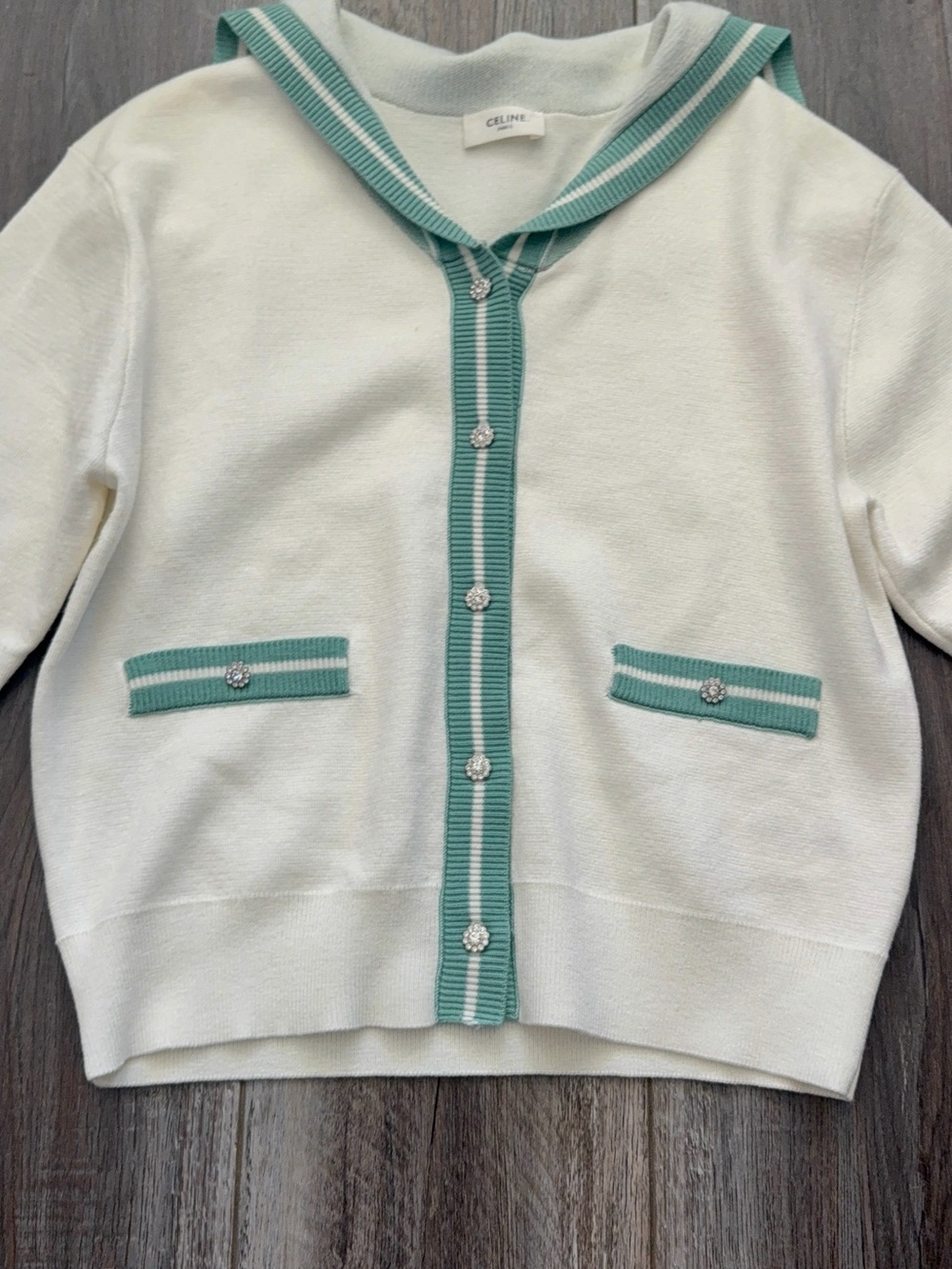 Celine Cream Cardigan with Mint Green Trim and Crystal Buttons
